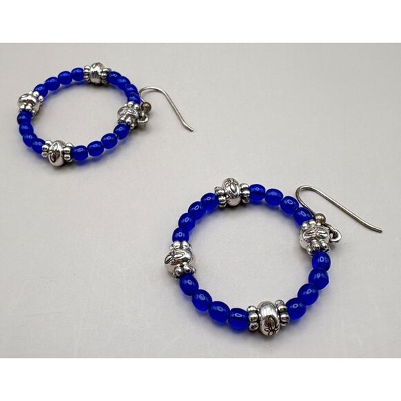 Vintage Royal Blue Beaded Hoop Earrings with Silver Tone Accents Retro Artisan - Picture 6 of 6